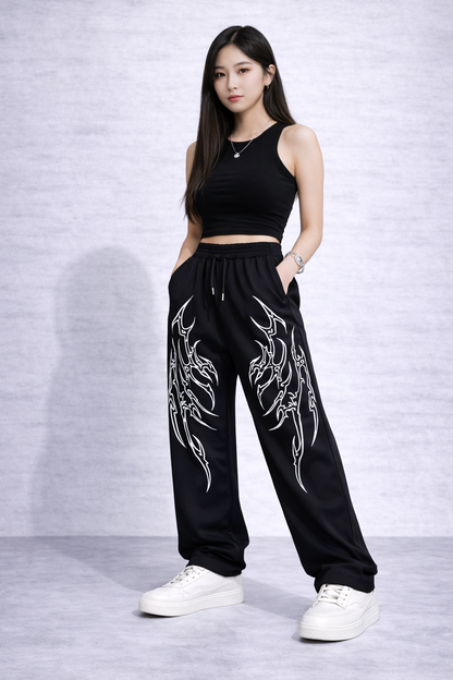 Attitude Start Of Fashion Women Black Y2K Tribal Wide-Leg Baggy