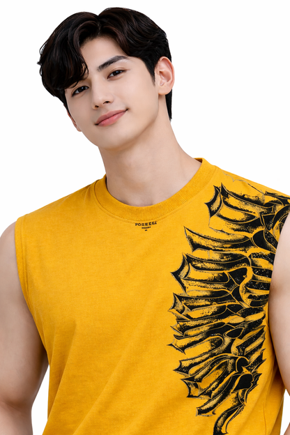 Attitude Start of Fashion Men Mustard Yellow Sleeveless Printed Cotton T-Shirt