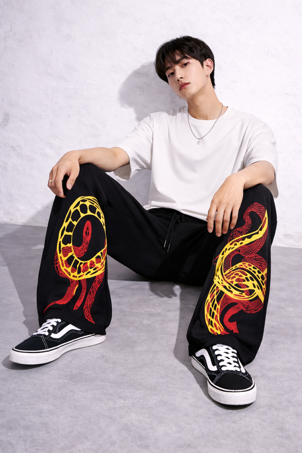 ATTITUDE START OF FASHION Men’s Black Snake Graphic Print Baggy Pants